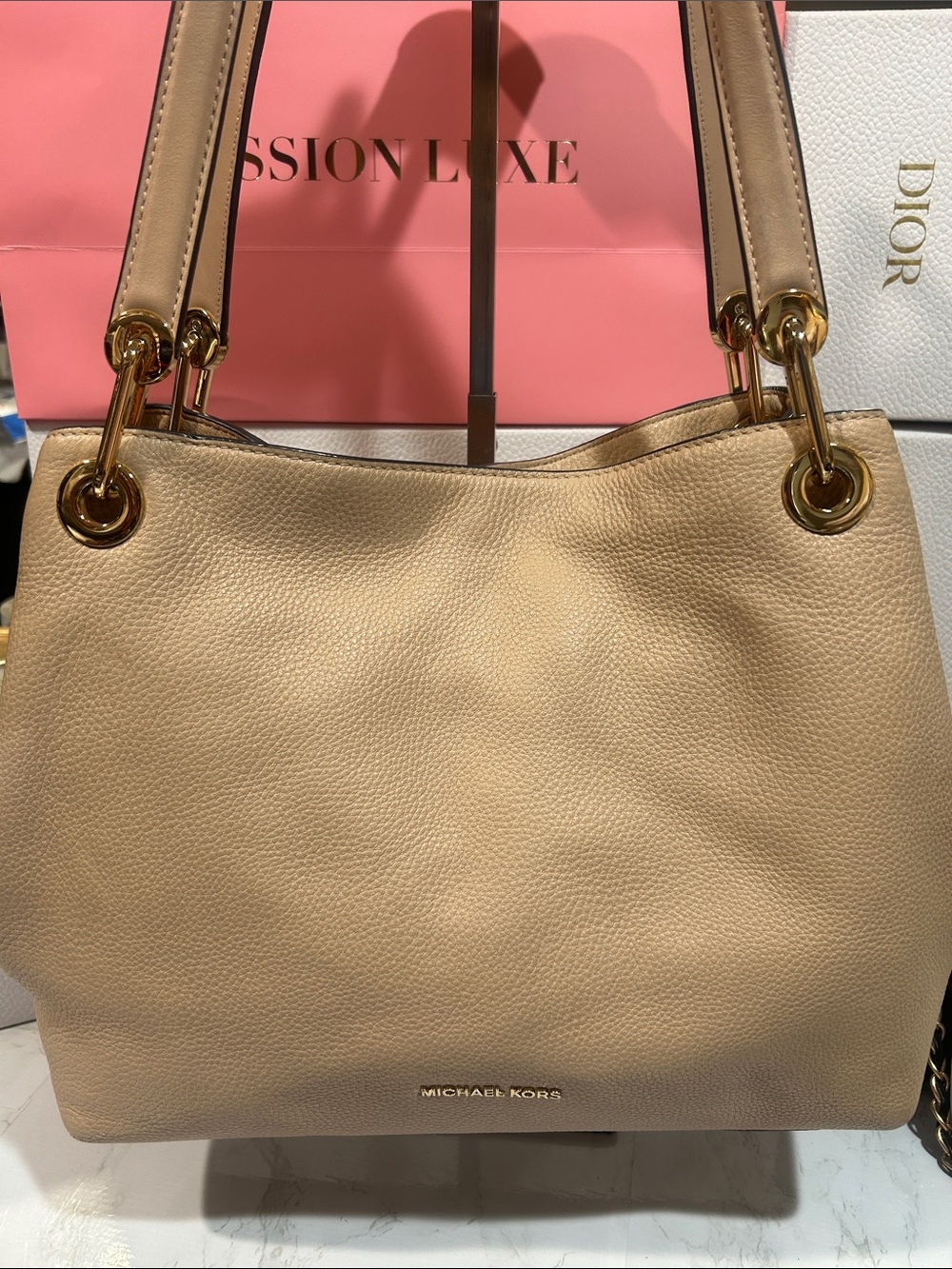 Michael Kors Pebbled Leather Shoulder Tote in Beige